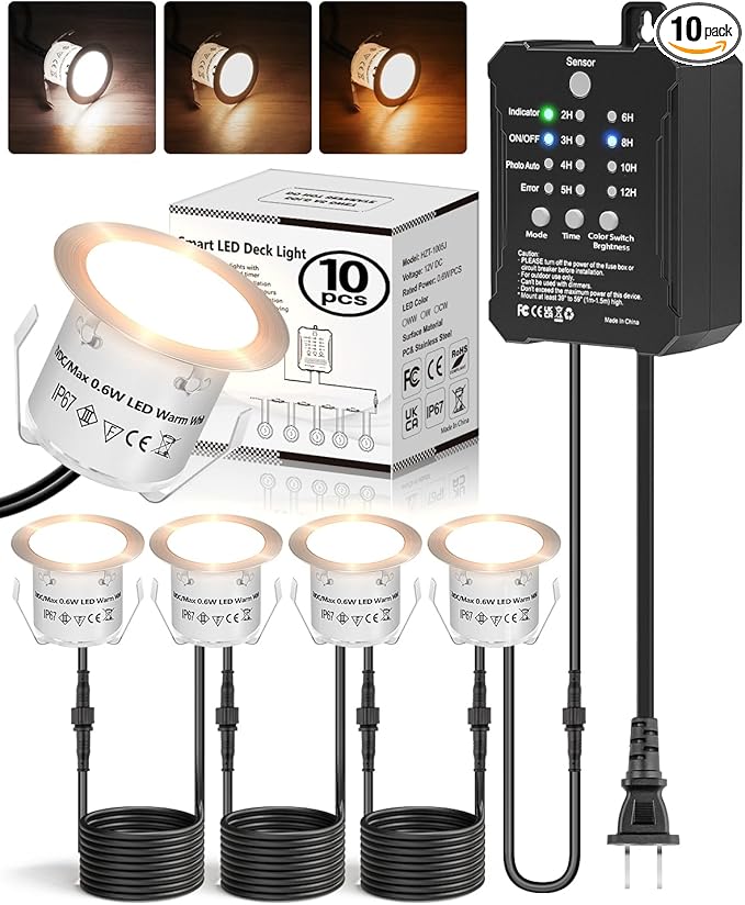 HIBOITEC Low Voltage Deck Lights Recessed Kit 3CCT 2700K-5000K with Transformer Dimmable Timer and Photocell Sensor | Lumora