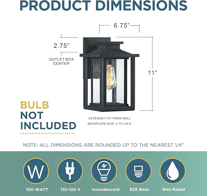Quoizel Wakefield Vintage Wall Sconce, Coastal Armour 11 Inch 1-Light Earth Black Wall Lantern, Clear Seedy Glass Light Fixtures, 100W Medium Base Bulb, Outside Lights for Patio, Porch or Garage