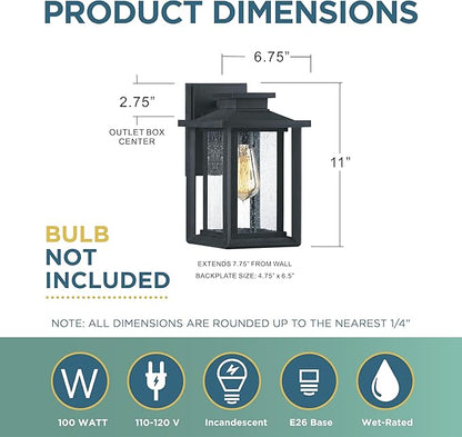 Quoizel Wakefield Vintage Wall Sconce, Coastal Armour 11 Inch 1-Light Earth Black Wall Lantern, Clear Seedy Glass Light Fixtures, 100W Medium Base Bulb, Outside Lights for Patio, Porch or Garage