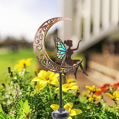 Bshine Moon Solar Light Outdoor Garden Decor,2 Pack Moon Fairy Garden Statue Decor,Metal Waterproof Light Stake for Patio, Path, Yard and Lawn Ornament, Housewarming Gift for Mom