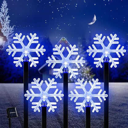 BRIGHTDECK Snowflake Solar Christmas Decorations Outdoor, 5 Pack LED, Waterproof Snowflake Pathway Lights, Stake Lights for Christmas Garden Decor(5Pcs Blue)