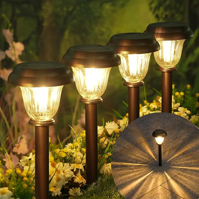 DERAYSION 8 Pack Stainless Steel Glass Solar Pathway Lights and 12 Pack Solar Lights Outdoor Bundle