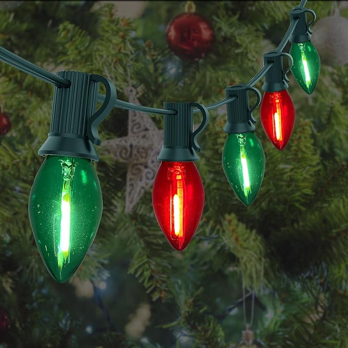 GOOTHY C7 LED Red and Green Christmas Lights 25Ft LED Outdoor String Lights with 27 Clear Red & Green Bulbs, Vintage Christmas Lights for Tree Carnival Patio Wedding Holiday Pathway Roofline Decor