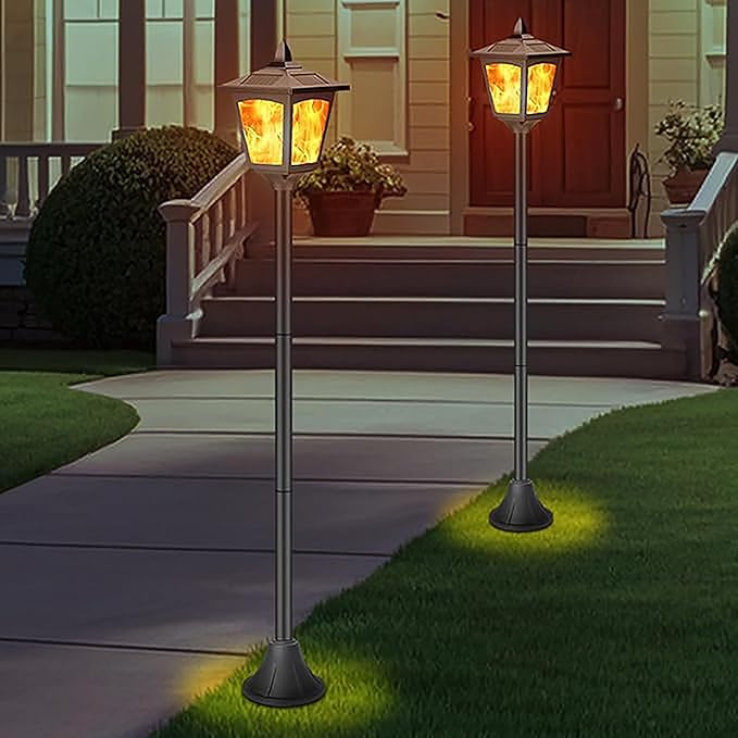 40" Solar Flame Lanterns, IP65 Waterproof Outdoor Post Lights with 3D Flickering Flame, Dusk to Dawn Solar Column Lights for Garden, Driveway, Patio, Yard Decor