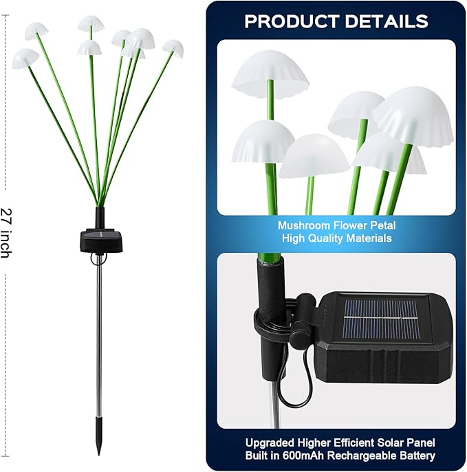 2 Pack Solar Garden Lights Outdoor, Colorful LED Waterproof Solar Powered Mushroom Flowers Landscape Lights for Outside Yard, Patio, Pathway Decorative, Décor, Gifts, Two Lighting Modes