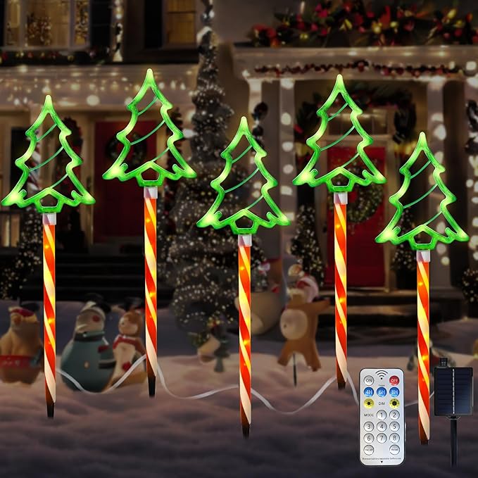Garden Christmas Decorations Pathway Outdoor Solar Lights, 27 inches Lighted Xmas Tree Solar Christmas Lights with 8 Modes Waterproof String Lights, Outdoor Lights for Yard Patio Walkway-5PCS
