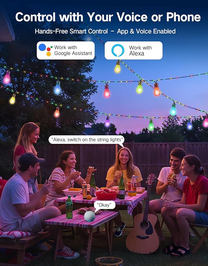 OUTON Outdoor String Lights, 46FT RGBAI Smart Festoon Lights Outdoor, Waterproof IP65, Remote & APP Control, Works with Alexa, Google Assistant, Dimmable Warm White Garden Lights for Backyard Party