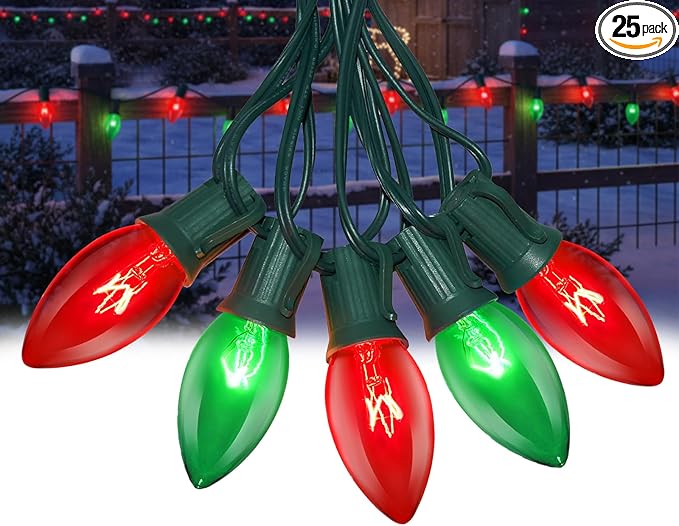 25FT Red and Green Christmas Lights, C9 Waterproof Red Green Outdoor Light with 26 Bulbs (1 Spare), Shatterproof Hanging String Lights for Home Garden Yard Xmas Tree Decorations