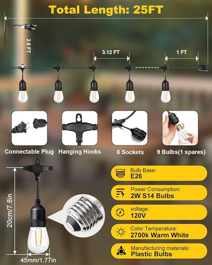 BRIMAX 2W Outdoor String Lights 25FT,Patio Lights Commercial Grade with 8+1 S14 LED Bulbs Shatterproof Waterproof,2700K Warm White E26 Dimmable for Balcony Gazebo Porch Fence Garden Camping