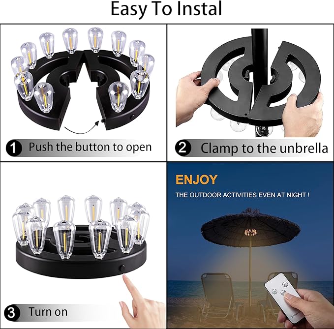 Umbrella Lights, Patio Outdoor Umbrella Lights Battery Operated with Dimmable Timer,12 Warm White LED Bulbs in 3 Brightness Modes, for Backyard or Camping