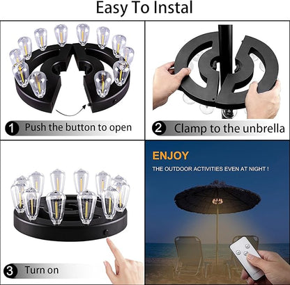 Umbrella Lights, Patio Outdoor Umbrella Lights Battery Operated with Dimmable Timer,12 Warm White LED Bulbs in 3 Brightness Modes, for Backyard or Camping