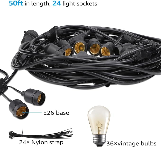 TORCHSTAR 50ft LED Outdoor String Lights, Extendable Vintage Retro Bulb Lighting, Hanging Light for Festivals, Events, 24 Sockets with Extra 12 Bulbs, Weatherproof Patio Grade, Garden, Balcony