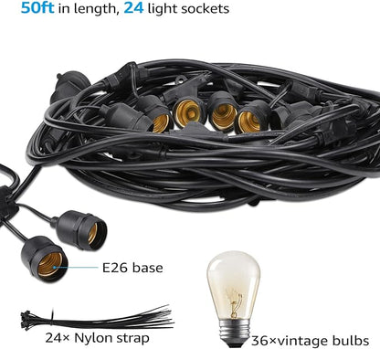 TORCHSTAR 50ft LED Outdoor String Lights, Extendable Vintage Retro Bulb Lighting, Hanging Light for Festivals, Events, 24 Sockets with Extra 12 Bulbs, Weatherproof Patio Grade, Garden, Balcony