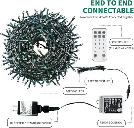 Color Changing Christmas String Lights Outdoor Indoor, 108FT 300 LED Warm White Multi Color Fairy Light, END to END CONNECTABLE, Waterproof Christmas Tree Lights with Timer Remote