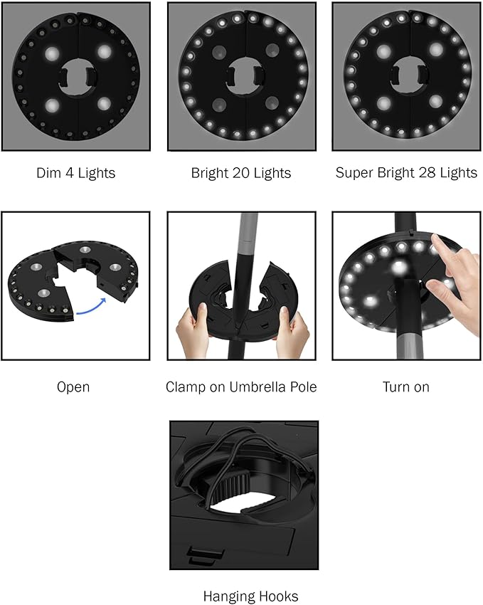 Pure Garden 50-LG1213 Patio Umbrella Cordless 28 LED Lights, 3 Brightness Modes-Battery Operated Hanging Lamp for Tents or 0.86-1.8” Diameter Poles, 0.86"-1.8", Black
