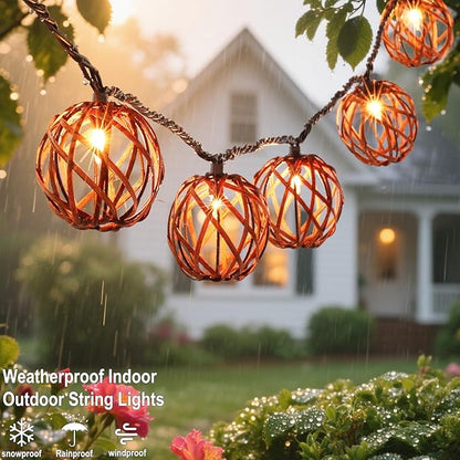 Outdoor Patio String Lights Plug in with 10 Incandescent Bulbs, Handwoven Natural Rattan Boho Decorative Lantern String Lights Connectable Weatherproof for Pergola, Porch, Mantel, Indoor Decor