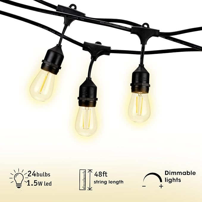 Holiday Lighting Outlet LED Outdoor Patio Lights | 46-Foot Hanging Outdoor String Lights | Includes 16 Dimmable 1.5 | Lumora