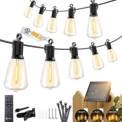 Brightown 108FT Solar String Lights Outdoor Waterproof, Patio Lights with Remote and 50+2 LED Shatterproof Bulbs, Dimmable & Timable, 3 Light Modes, Solar Lights Outdoor for Yard Camping Party Outside