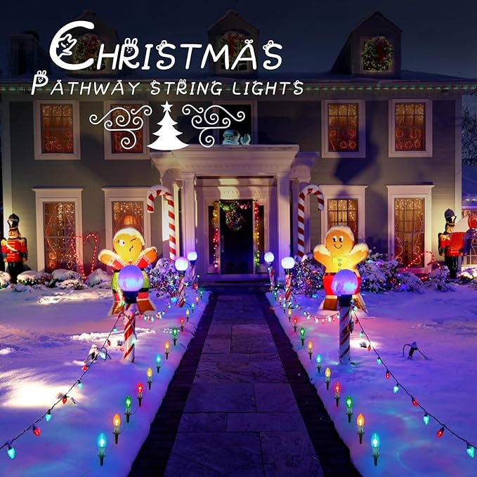 Brightown C9 Christmas String Lights Outdoor, 25.7 Feet 20 Bulbs Pathway Lights Waterproof Replaceable for Indoor Xmas Party Holiday Wedding Commercial Decorations, Multicolored