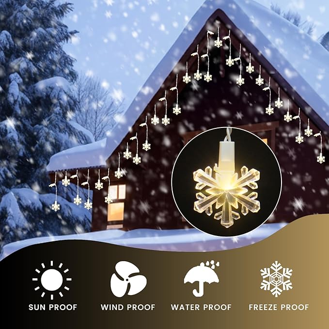 Icicle Lights for Outside 180 Clear Warm White 5MM Led 26.4ft White Wire Snowflake with 8 Mode Function Curtain String Lights Indoor Warm White and Outdoor for roof Patio Garden Bedroom (Remote)