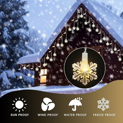 Icicle Lights for Outside 180 Clear Warm White 5MM Led 26.4ft White Wire Snowflake with 8 Mode Function Curtain String Lights Indoor Warm White and Outdoor for roof Patio Garden Bedroom (Remote)