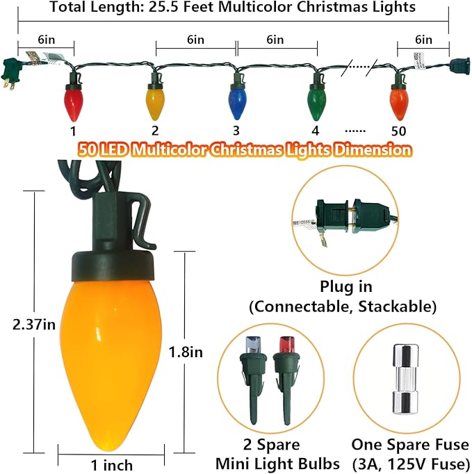 Christmas Lights Outdoor 25.5Ft, C7 LED Christmas Light with 50 Shatterproof Multicolor Bulb Lights, Plug in Vintage Xmas Light for Tree Patio Camping Garden Wedding Xmas Decor