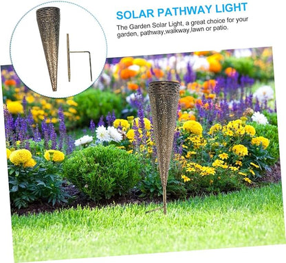 DOITOOL 2pcs Solar Pathway Lights Iron Art Cone Shape Design Decorative Lawn Lamps for Patio and Ambiance
