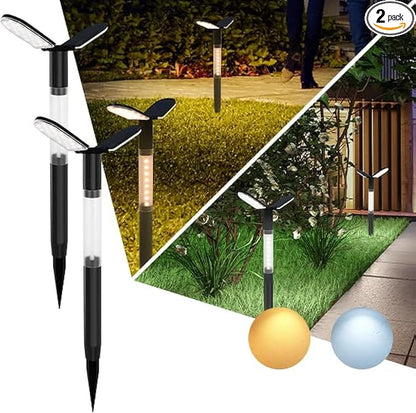 EMANER Solar Flood Lights Outdoor 2-Pack - Dual Color Warm/Daylight, Dusk to Dawn Solar Spotlights with Stake for Garden, Lawn, Landscape & Patio Pathway (Waterproof & 12Hrs Runtime)