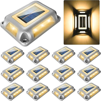 Solar Deck Lights Driveway Dock Lights- 12 Packs Waterproof 1200mAh Solar Powered Outdoor LED Aluminum Dock Lighting Road Markers Step Light for Driveway Sidewalk Garden Pathway(Warm White)