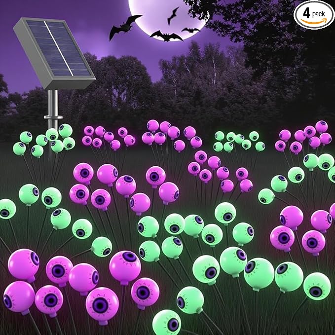 Halloween Decorations Outdoor Solar Eyeball Lights 4 Pack 32 LED 8 Modes Waterproof Scary Spooky Eyeballs Light Purple and Green Solar Garden Lights for Yard Party Halloween Decor (Green & Purple)
