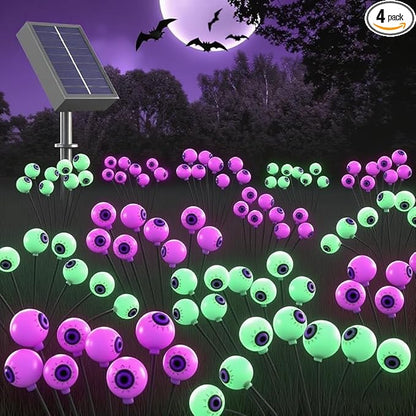 Halloween Decorations Outdoor Solar Eyeball Lights 4 Pack 32 LED 8 Modes Waterproof Scary Spooky Eyeballs Light Purple and Green Solar Garden Lights for Yard Party Halloween Decor (Green & Purple)