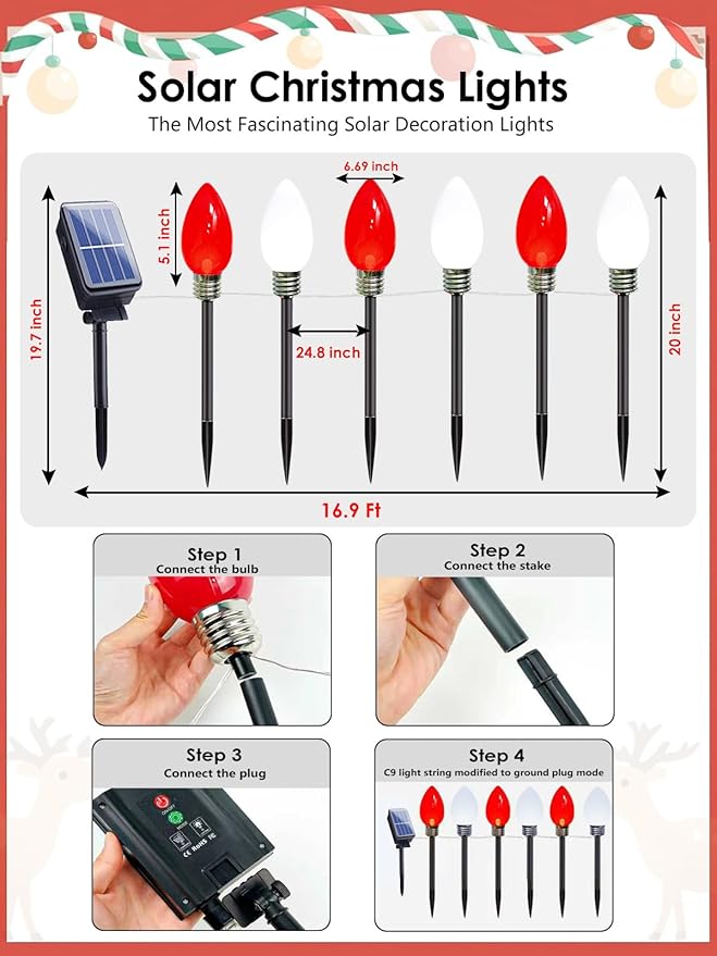 12 Pack Jumbo C9 Solar Christmas Lights, Large Bulbs Waterproof Outdoor Christmas Decorations, Solar Powered Lights | Lumora
