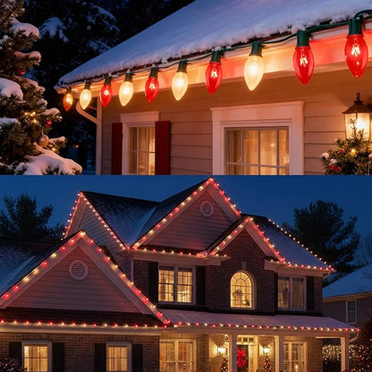 25FT C9 Christmas Outdoor Lights,Red and Frosted White Christmas Lights with 26 Bulbs(1 Spare),Commercial Vintage Red White String Light for Tree Yard Garden Porch Party