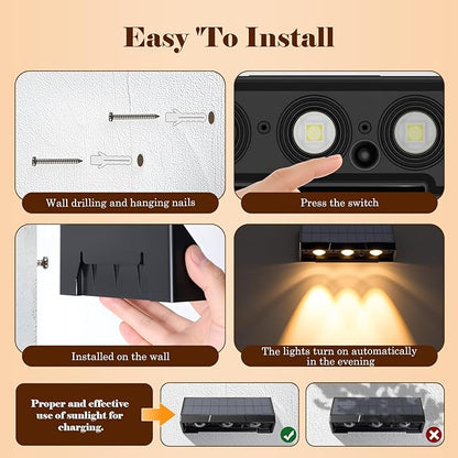 Solar Wall Light Outdoor-2 Pack, Three-Bulb IP65 Waterproof 60 Lumens, Warm White Lighting Auto ON/Off Deck Lighting for Wall for Patio, Backyard, Steps, Deck, Fence
