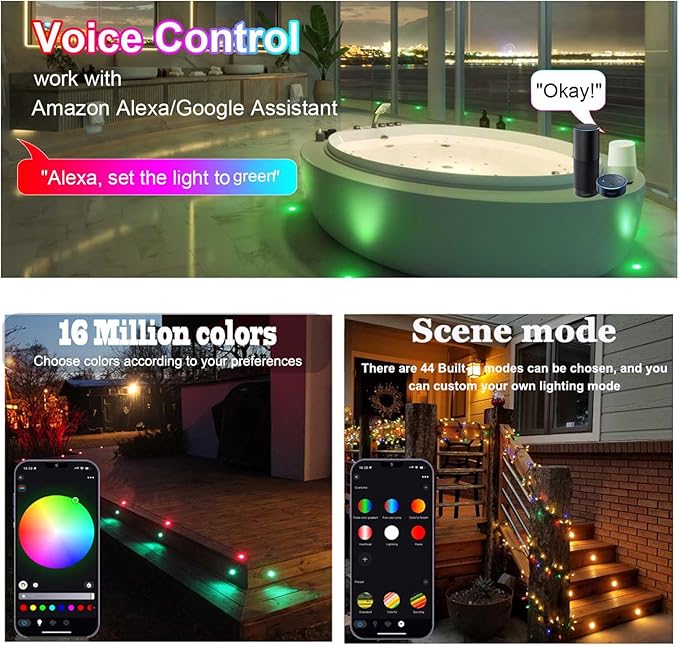 Sumaote LED Deck Lights Kit Black Shell 50 pcs 1.22 Inch WiFi Smart Phone Control Low Voltage Recessed RGBW Deck Lamp Landscape In-ground Lighting Waterproof Outdoor Yard Path Stair Decor