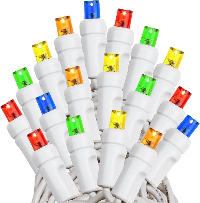 Novelty Lights 34ft Christmas String Lights, 100 Multicolor LED Bulbs on White Wire, 4" Spacing, Connectable Indoor Outdoor Commercial Grade Lighting for Holidays Patio Weddings
