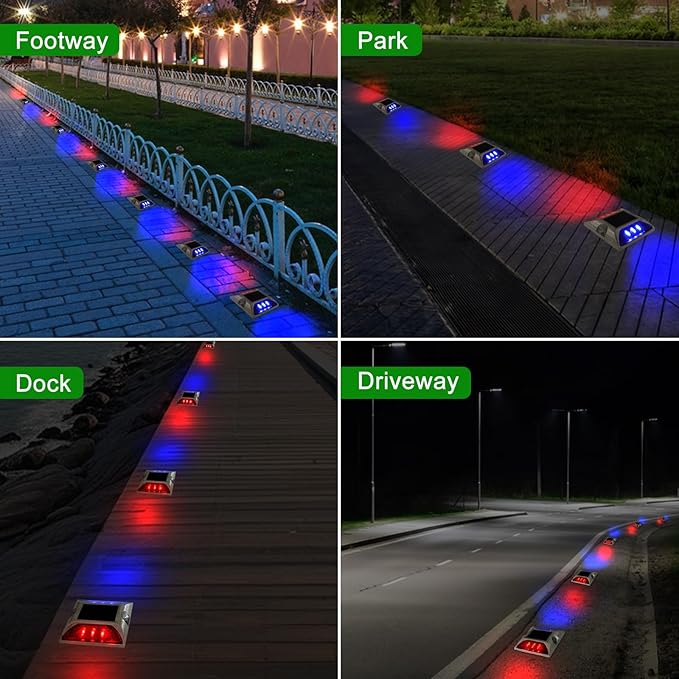 Aolyty Solar Driveway Lights Outdoor, Bright Solar Dock Lights, LED Warning Light Reflective Road Marker Steady Light IP65 Waterproof for Deck Sidewalk Stair Step Pathway (Red & Blue, 4 Pack)