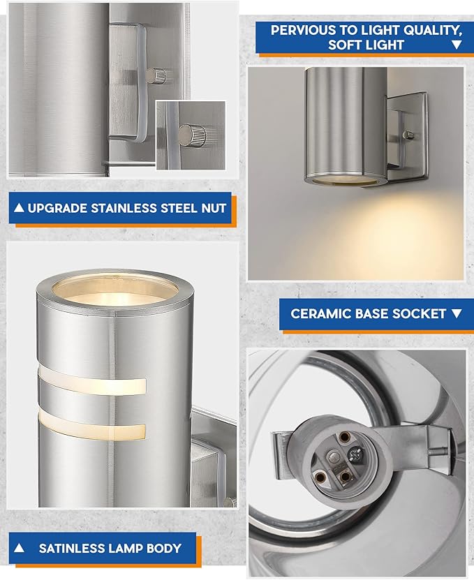 TENGXIN 2 Pack Patio Wall Light Cylinder,Up Down Modern Outdoor Wall Sconce with Stainless Steel Cylinder,Brushed | Lumora