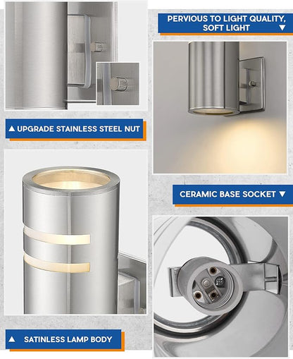 TENGXIN 2 Pack Patio Wall Light Cylinder,Up Down Modern Outdoor Wall Sconce with Stainless Steel Cylinder,Brushed Nickel Finsh Wall Mount Light