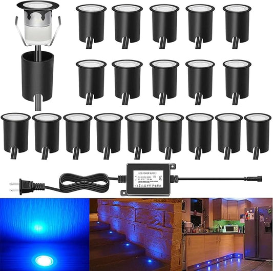 Low Voltage LED Deck Light Kit Stainless Steel Waterproof Recessed Wood Decking Stairs Garden Yard Patio Decor Lamp Outdoor LED Lighting (Blue,20pcs)