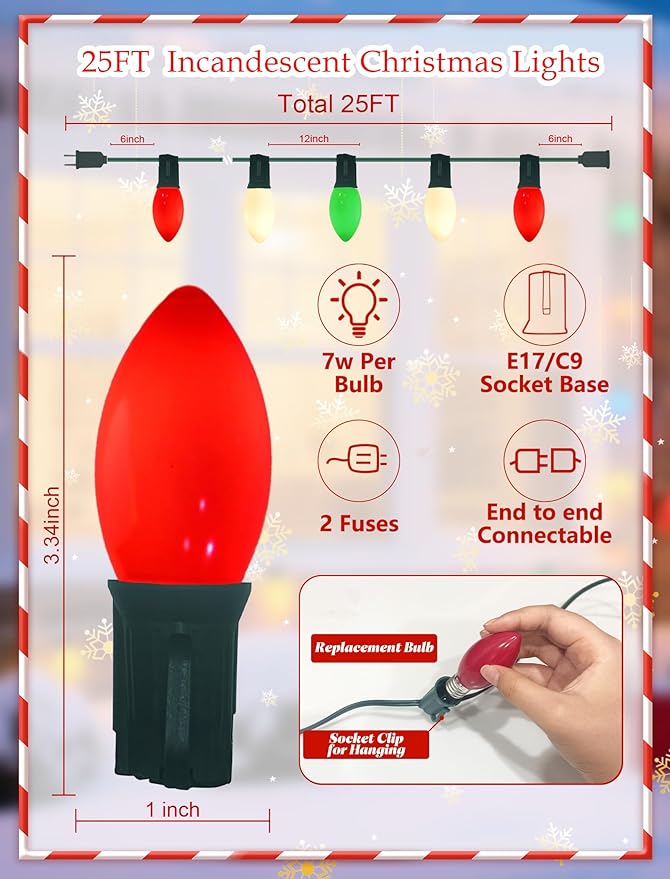 C9 Christmas Lights Outdoor, 25Ft Red Green White Christmas Decorative String Lights with 26 Multicolored Ceramic Bulbs(1 Spare), Commercial Vintage Christmas Lights for Holiday