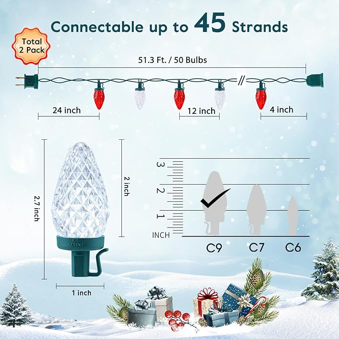 2PACK C9 LED Christmas Lights with 100 Spring Clips, Total 100ft 100 LED Waterproof - Outdoor Security Flood Light | Lumora