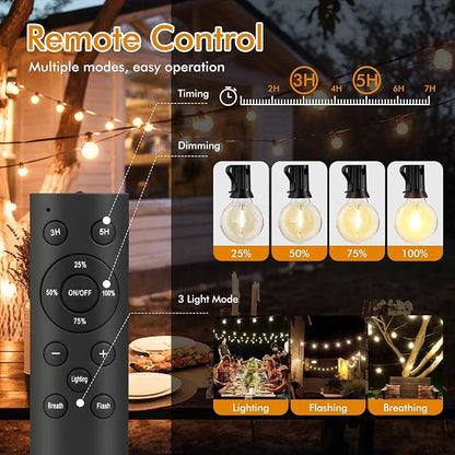 Solar String Lights Outdoor 100ft - 36+2 Shatterproof & Waterproof G40 LED Bulbs, Remote Control w/ 4 Dimming,3 Light Modes & Timer, Waterproof IP65 for Patio, Garden, Camping, Party, Christmas Décor