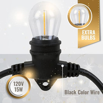 Aurio 48ft Waterproof Outdoor String Lights with Inline Vintage LED Edison Bulbs - Commercial Grade Patio Lights for Cafe Ambiance - 36 in Light Spacing