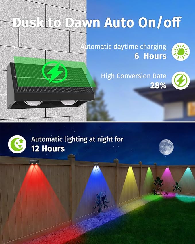 Solar Fence Lights Outdoor with Remote Control, RGB Color Changing & Warm/Cool White LED Deck Lights, High | Lumora
