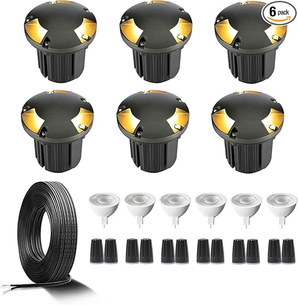 Gardenreet Brass In Ground Landscape Light Kit(6 Pack) with MR16 Bulb & 100Feet Wire & Connectors, 12V LED Well | Lumora
