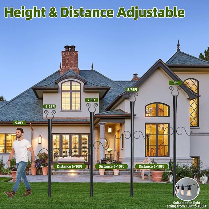 4 Pack Outdoor Patio Light Poles for String Lights, 10Ft Heavy Duty Metal String Light Poles with Shepherds Hooks | Lumora