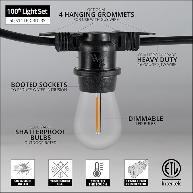 100ft S14 Shatterproof Deck Lights, 50 Bulbs, Outdoor String Lights Waterproof Commercial Grade String Lights | Lumora