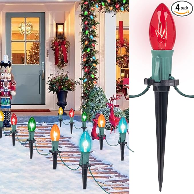 Brightown C9 Christmas Pathway String Lights Outdoor - 4 Pack Total 102.8 FT 80 Clear Lights with 80 Stakes, Connectable Waterproof Walkway Light for Indoor Xmas Party Holiday Decoration, Multicolor