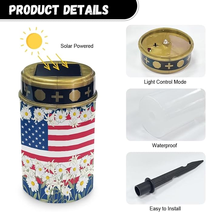 Daisy American Flag Solar Outdoor Lights, Waterproof Solar Pathway Lights,Auto On/Off Solar Lights, Cemetery Lights for Grave Walkway Driveway Yard Lawn Landscape Decor